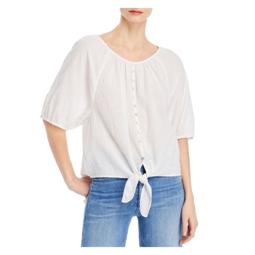 BEACHLUNCHLOUNGE COLLECTION Womens Top Tie Elbow Sleeve Scoop Neck Button Up